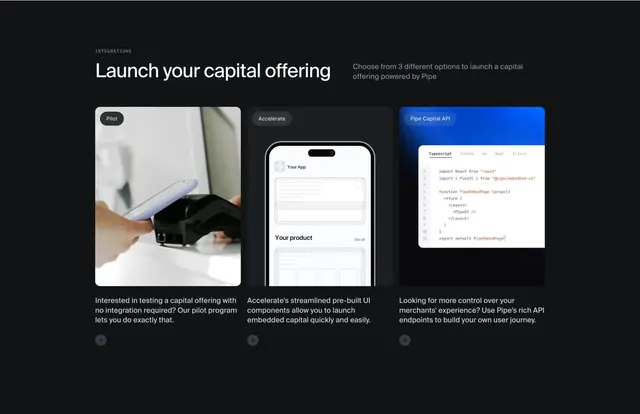 Pipe three-tier integration options, dark-mode, minimal, dark