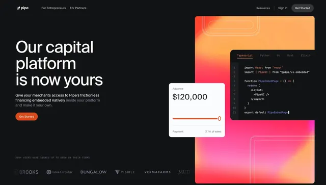 Pipe partners split hero with code, dark-mode, gradient-heavy, dark