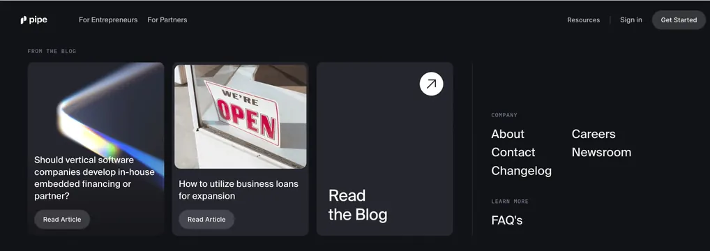 Pipe resources mega-menu panel, dark-mode, minimal, dark