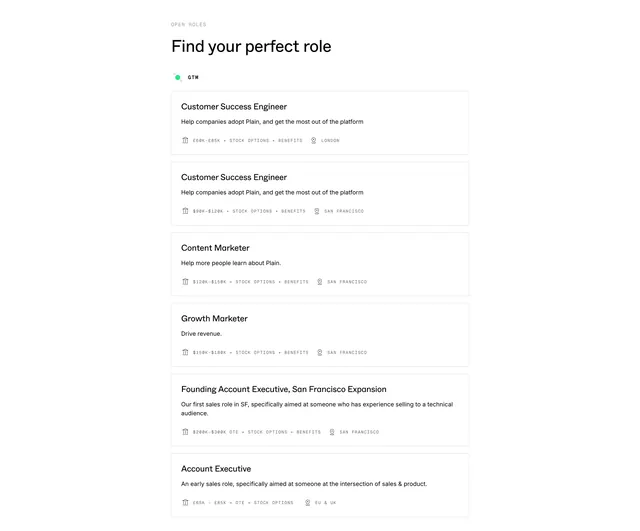 Plain open-roles careers list, light-mode, minimal, light
