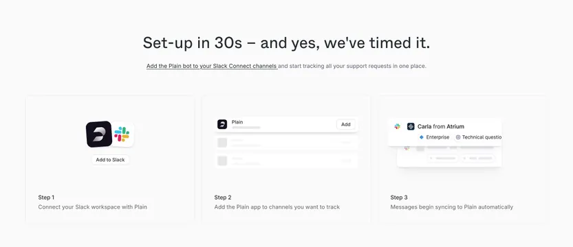 Plain Slack setup three-step cards, minimal, light-mode, light