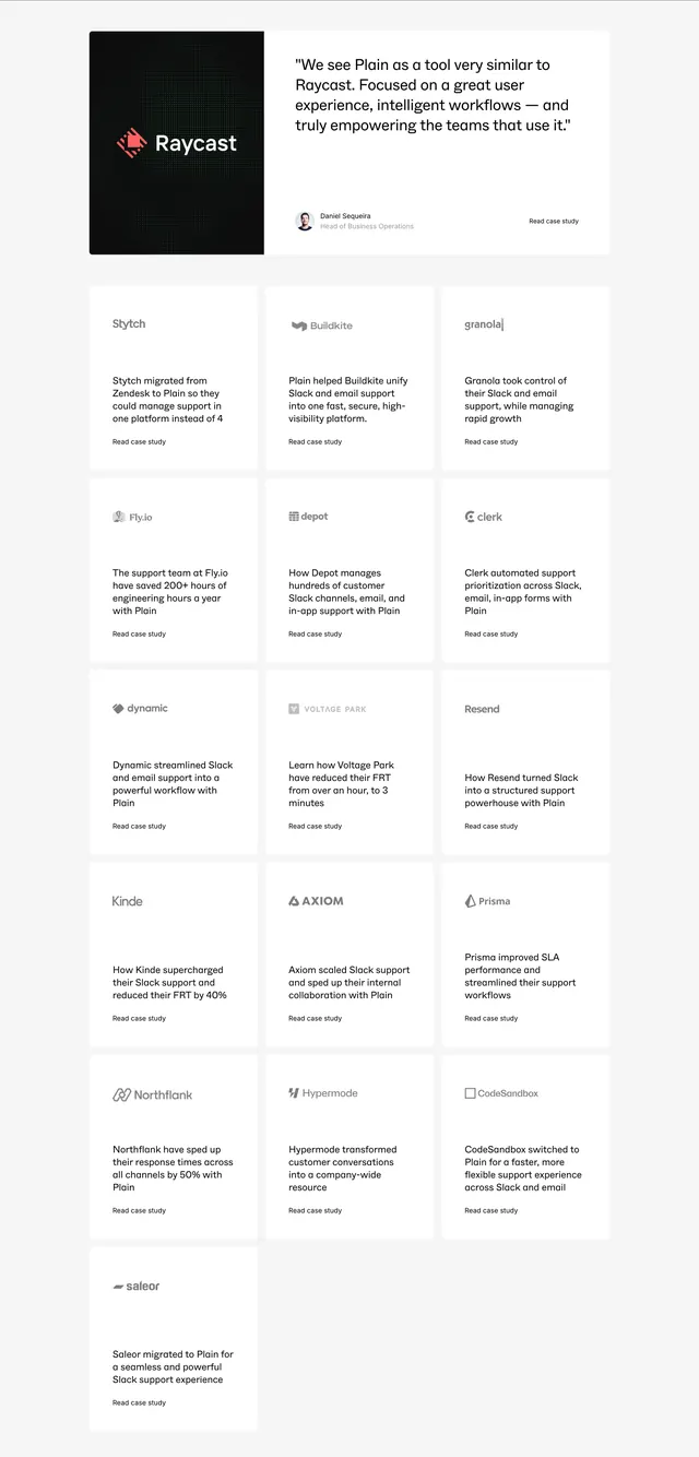 Plain customer case study grid, minimal, light-mode, light