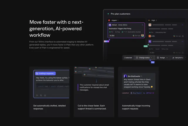 Plain dark AI-workflow feature with split mockup and three sub-cards, dark-mode, technical, dark