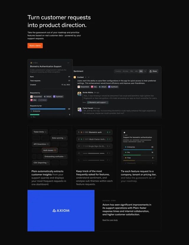 Plain dark feature section with product mockups and bento sub-grid, dark-mode, technical, dark