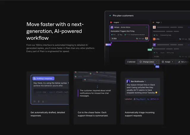Plain AI workflow feature bento, dark-mode, minimal, dark