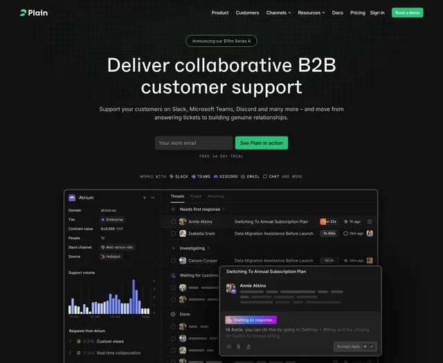Plain B2B support homepage hero, dark-mode, minimal, dark