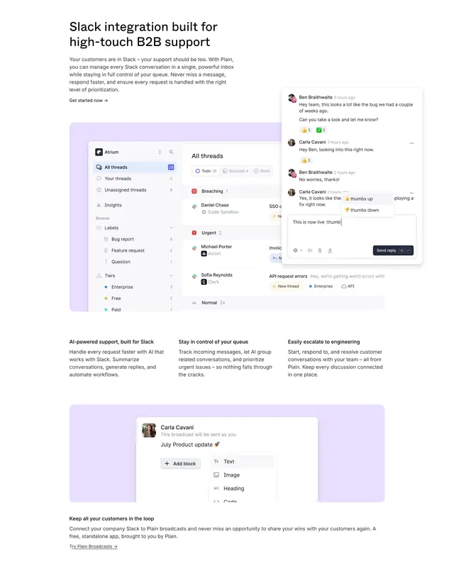 Plain Slack integration product section, minimal, light-mode, light
