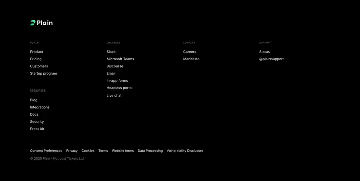 Plain dark multi-column footer, minimal, dark-mode, dark