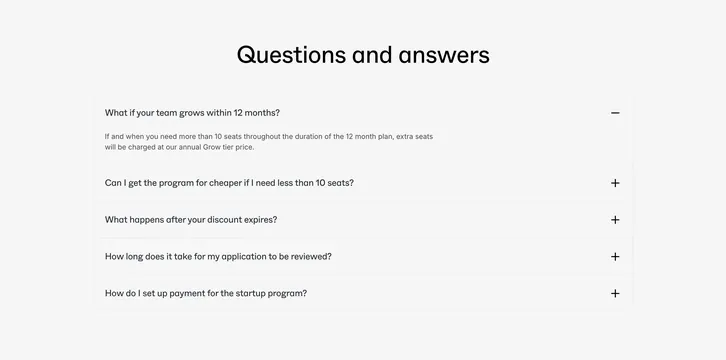 Plain startups FAQ accordion, minimal, light-mode, light