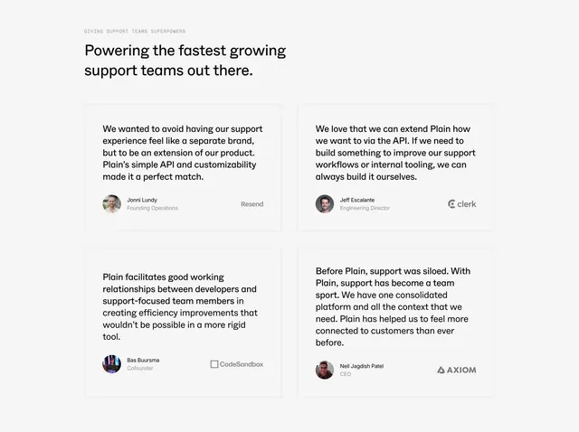 Plain four-up quote grid with author and company, light-mode, minimal, light