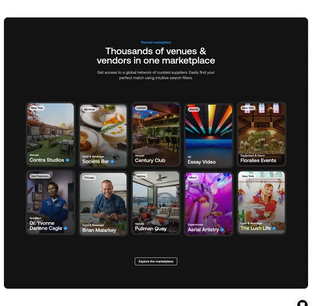 Planned marketplace vendor grid, dark-mode, minimal, dark