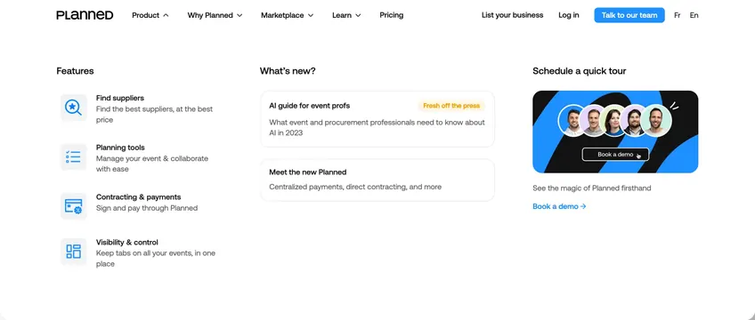 Planned product mega-menu navbar, minimal, light-mode, light