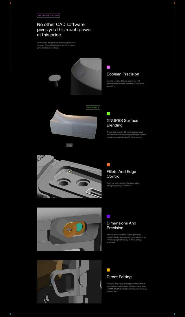 Plasticity CAD feature list, dark-mode, minimal, dark