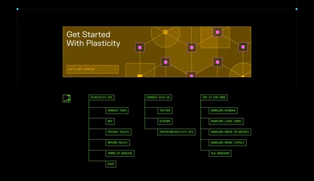 Plasticity onboarding CTA and footer, dark-mode, technical, dark