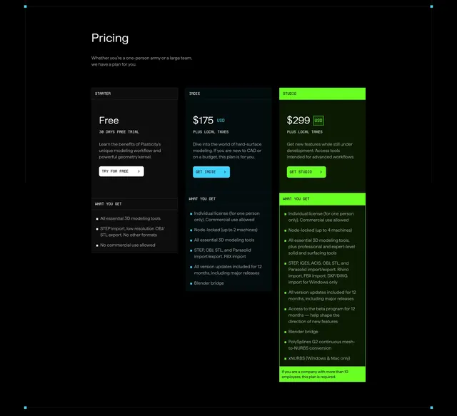 Plasticity CAD pricing tiers, dark-mode, technical, dark