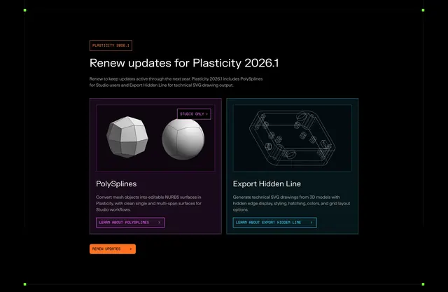 Plasticity version update feature cards, dark-mode, minimal, dark
