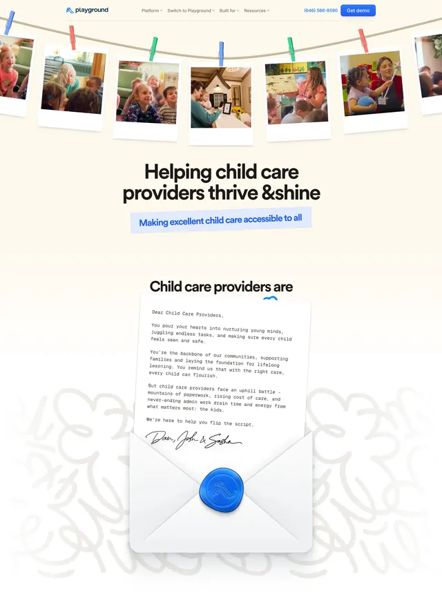 Playground providers hero with clothesline photos, minimal, light-mode, light