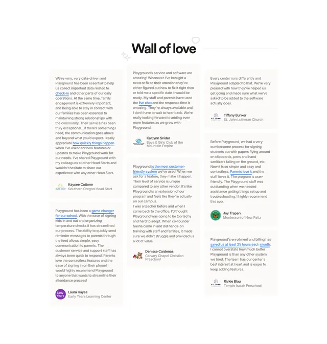 Playground Wall of Love testimonial masonry, minimal, light-mode, light
