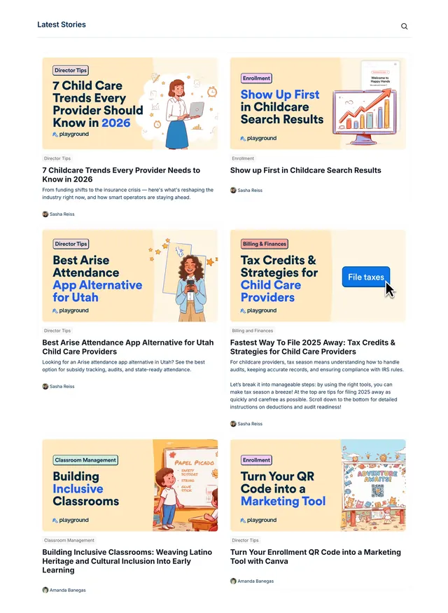Playground Latest Stories blog grid, minimal, light-mode, light