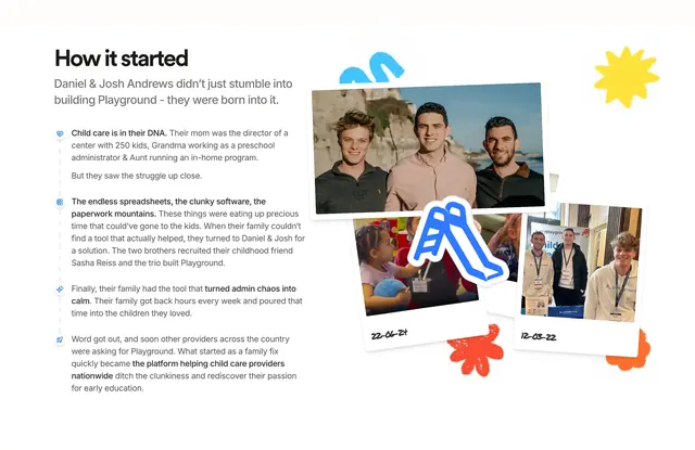 Playground founder origin story team section, minimal, light-mode, light