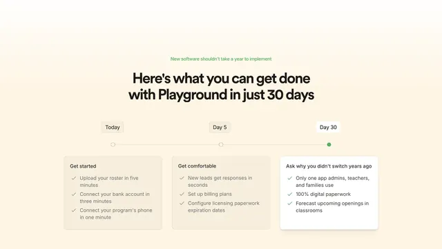 Playground 30-day implementation timeline, minimal, light-mode, light