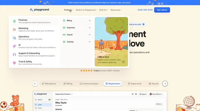 Playground platform mega menu with hero, minimal, light-mode, light