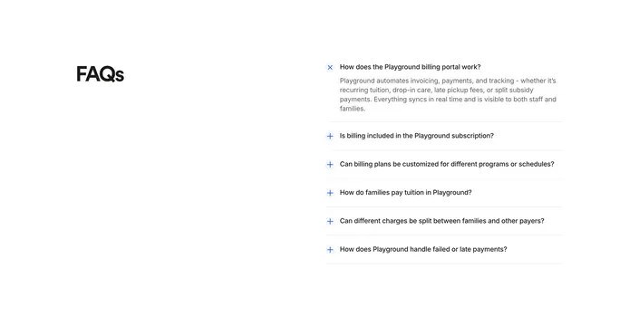 Playground billing FAQ accordion, minimal, light-mode, light