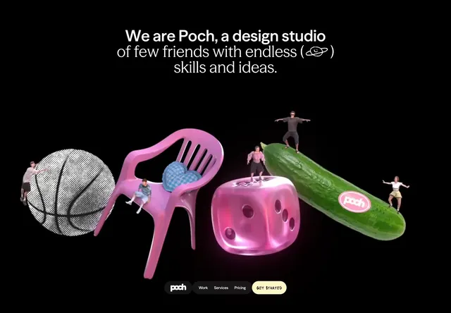 Poch surreal 3D object hero, dark-mode, playful, dark