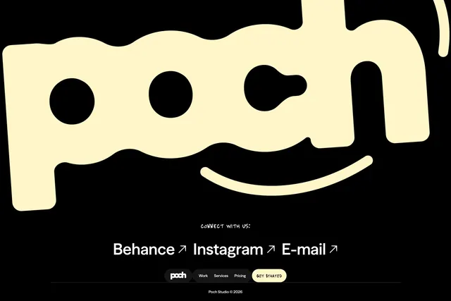 Poch oversized wordmark footer, dark-mode, playful, dark