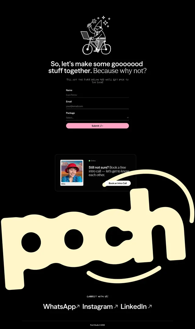 Poch contact form with intro call, dark-mode, playful, dark