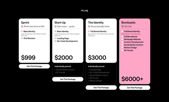 Poch service tier pricing cards, dark-mode, playful, dark