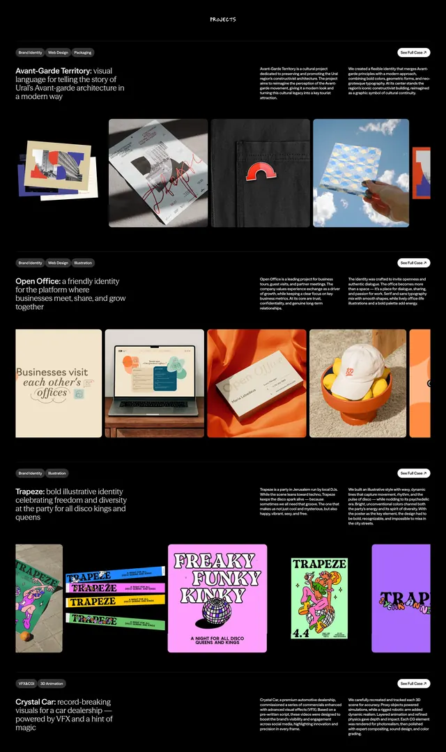 Poch case-study portfolio grid, dark-mode, minimal, dark