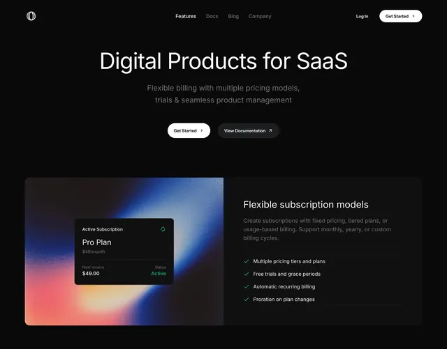 Polar digital products SaaS hero, dark-mode, minimal, dark