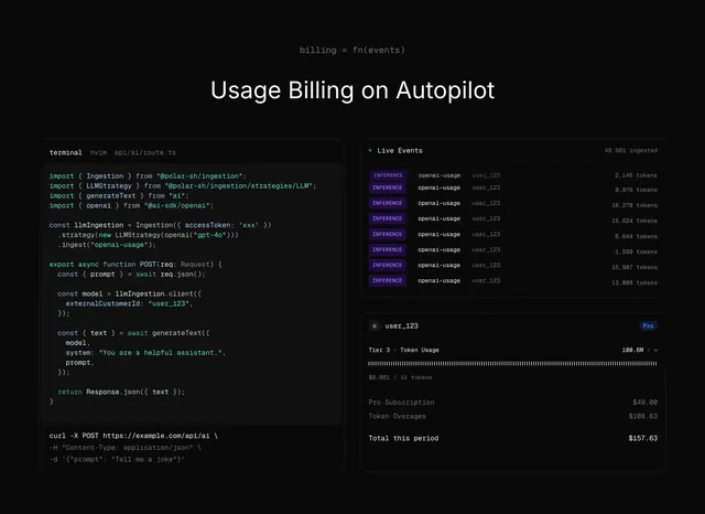 Polar usage billing on autopilot, dark-mode, technical, dark
