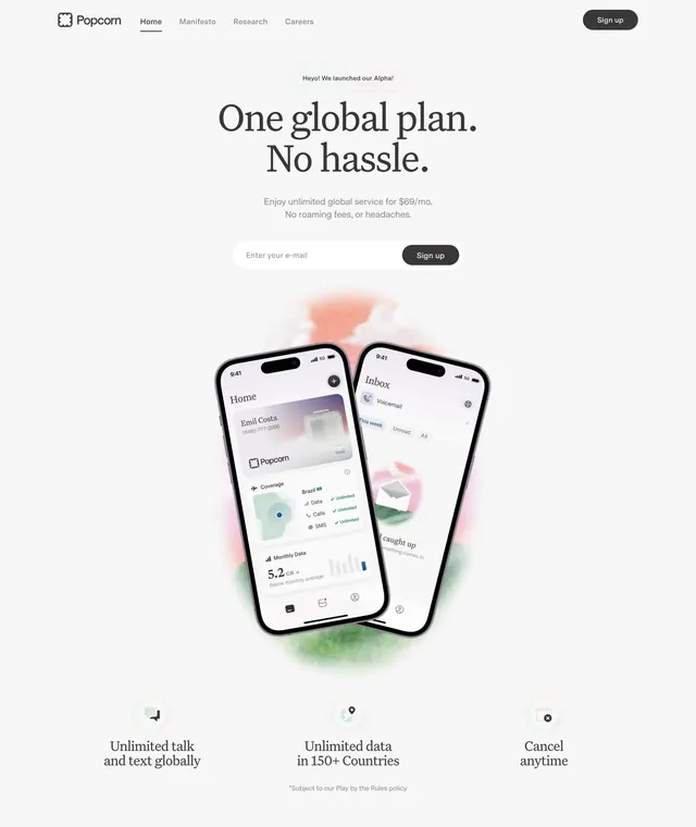 Popcorn global plan hero, light-mode, minimal, light