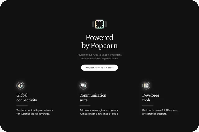 Popcorn powered-by developer feature, dark-mode, minimal, dark