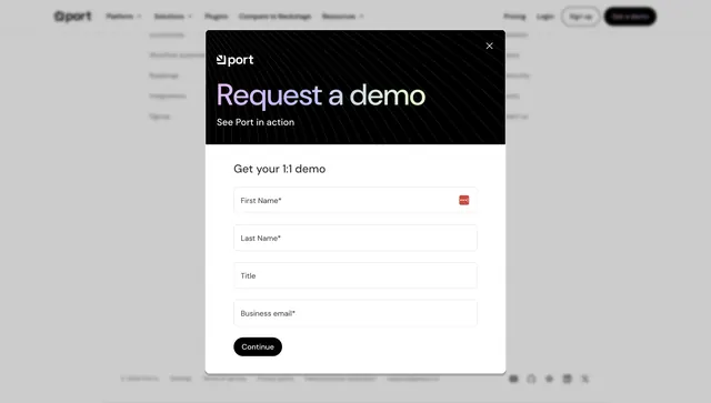 Port request-a-demo modal with gradient header, light-mode, minimal, light