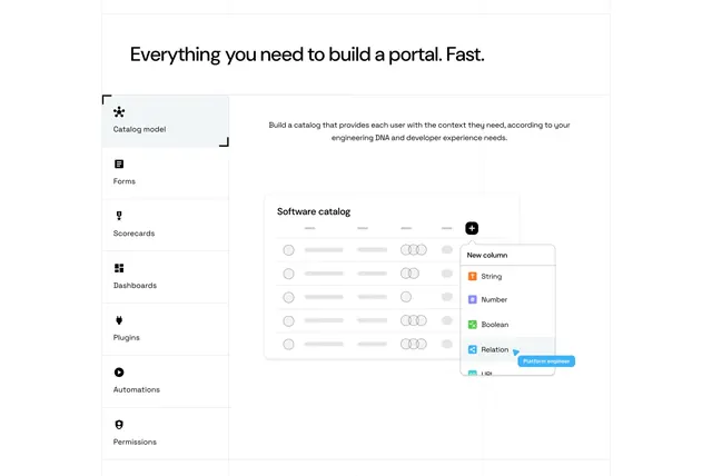 Port tabbed feature section with vertical menu and catalog mockup, light-mode, minimal, light