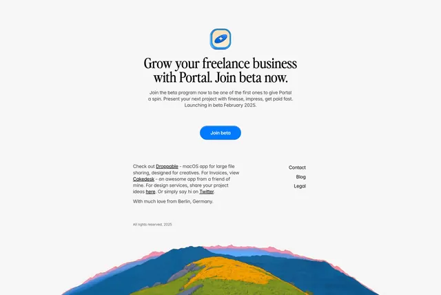 Portal editorial footer with illustrated mountains, minimal, light-mode, light