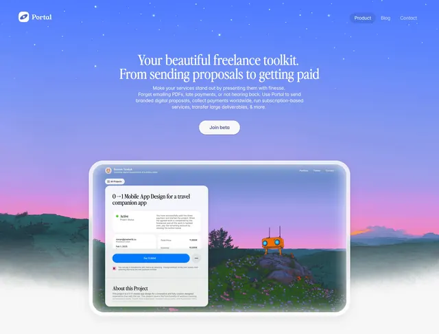 Portal dusk-gradient hero with floating proposal UI, editorial, gradient-heavy, vibrant