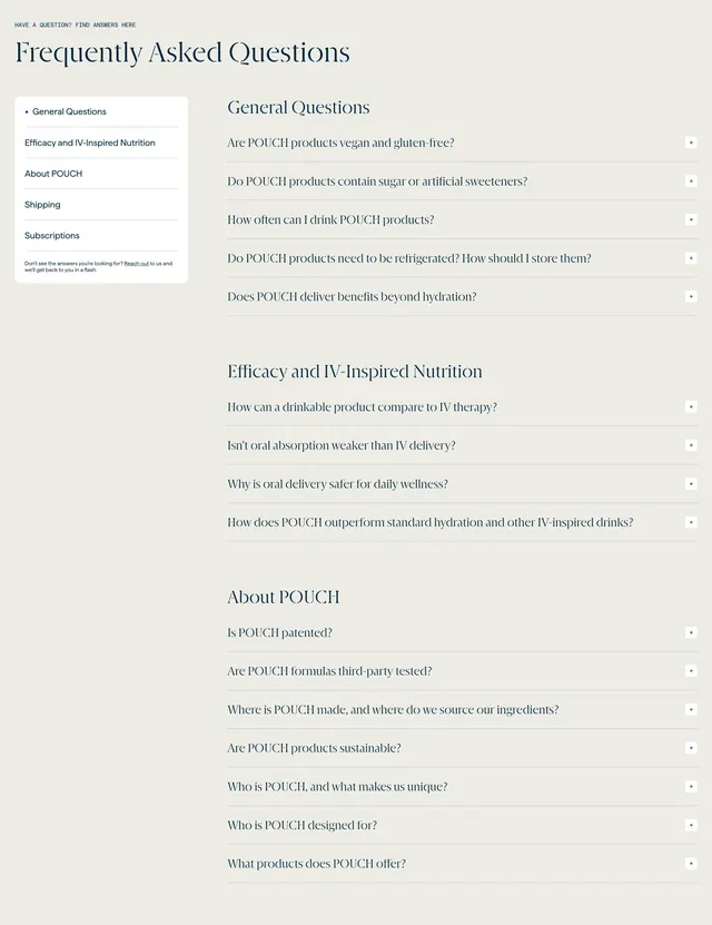 Pouch FAQ with category sidebar, minimal, light-mode, light