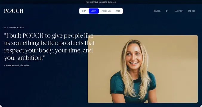 Pouch founder quote hero, dark-mode, editorial, dark