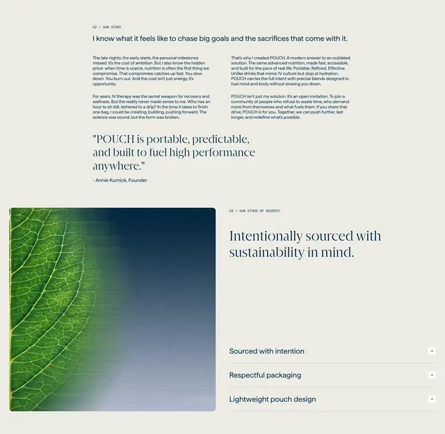 Pouch founder story and ethos sections, minimal, light-mode, light