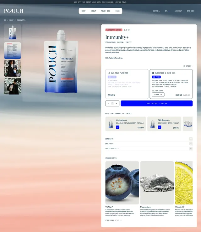 Pouch Immunity+ product detail page, minimal, light-mode, light