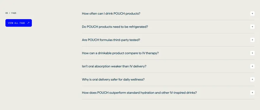 Pouch compact FAQ accordion list, minimal, light-mode, light