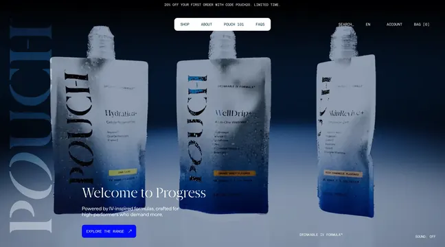 Pouch three-product showcase hero, dark-mode, minimal, dark