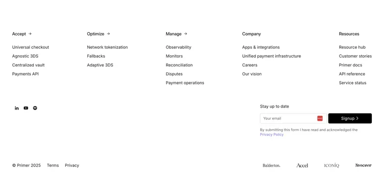 Primer five-column footer with newsletter and investor logos, minimal, light-mode, light