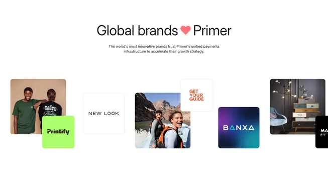 Primer scattered photo-and-logo brand collage, light-mode, editorial, light