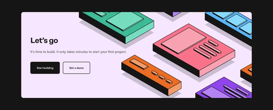 Prismic developer CTA with isometric blocks, minimal, playful, light