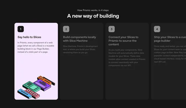 Prismic four-step slices, dark-mode, minimal, dark